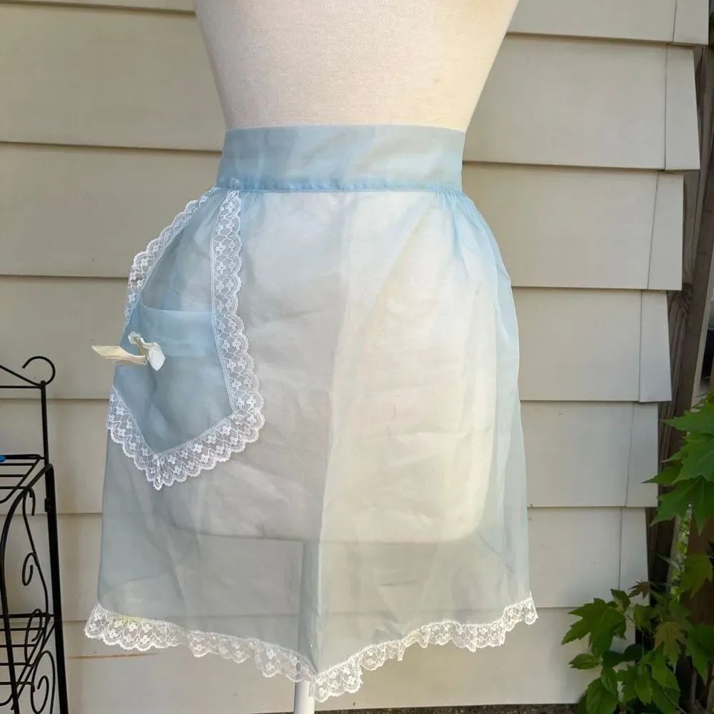 VTG Sheer Blue Organza Lace Apron Cottagecore Hostess Pinup Retro